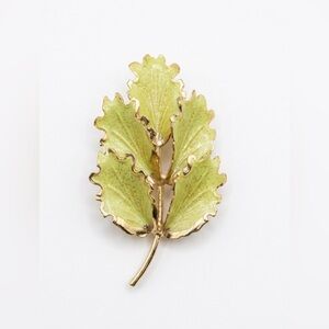 Vintage Gold Tone Green Enamel Leaf Brooch